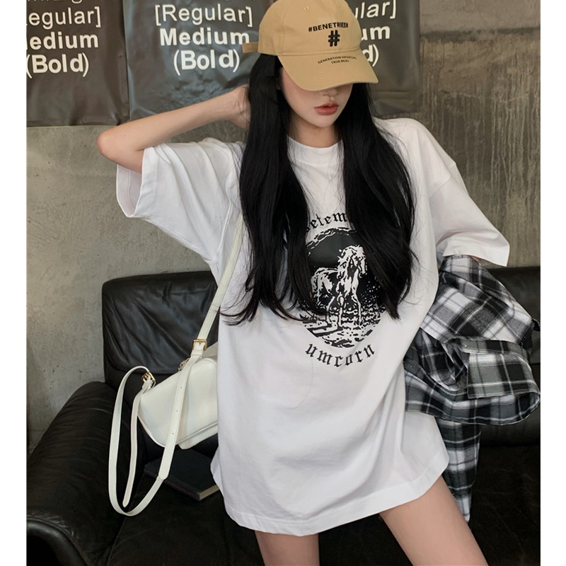 Áo Thun Ngắn Tay Dáng Rộng In Họa Tiết Đơn Giản Cá Tính Cho Nữ Mùa Hè