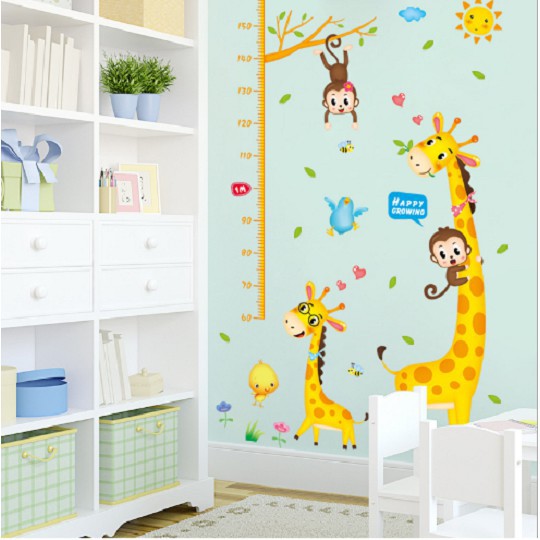 Decal dán tường đo chiều cao 2 chú hươu cao cổ