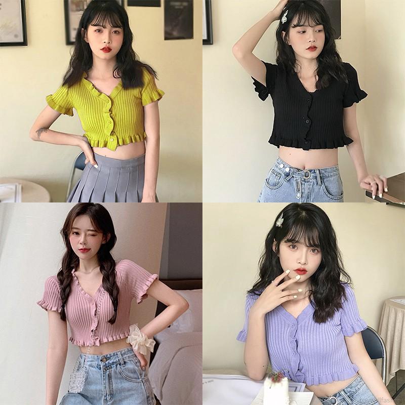 [Baywellfashion]Áo dệt kim nữ xẻ cổ chữ V tay ngắn phong cách thời trang quyến rũ | BigBuy360 - bigbuy360.vn