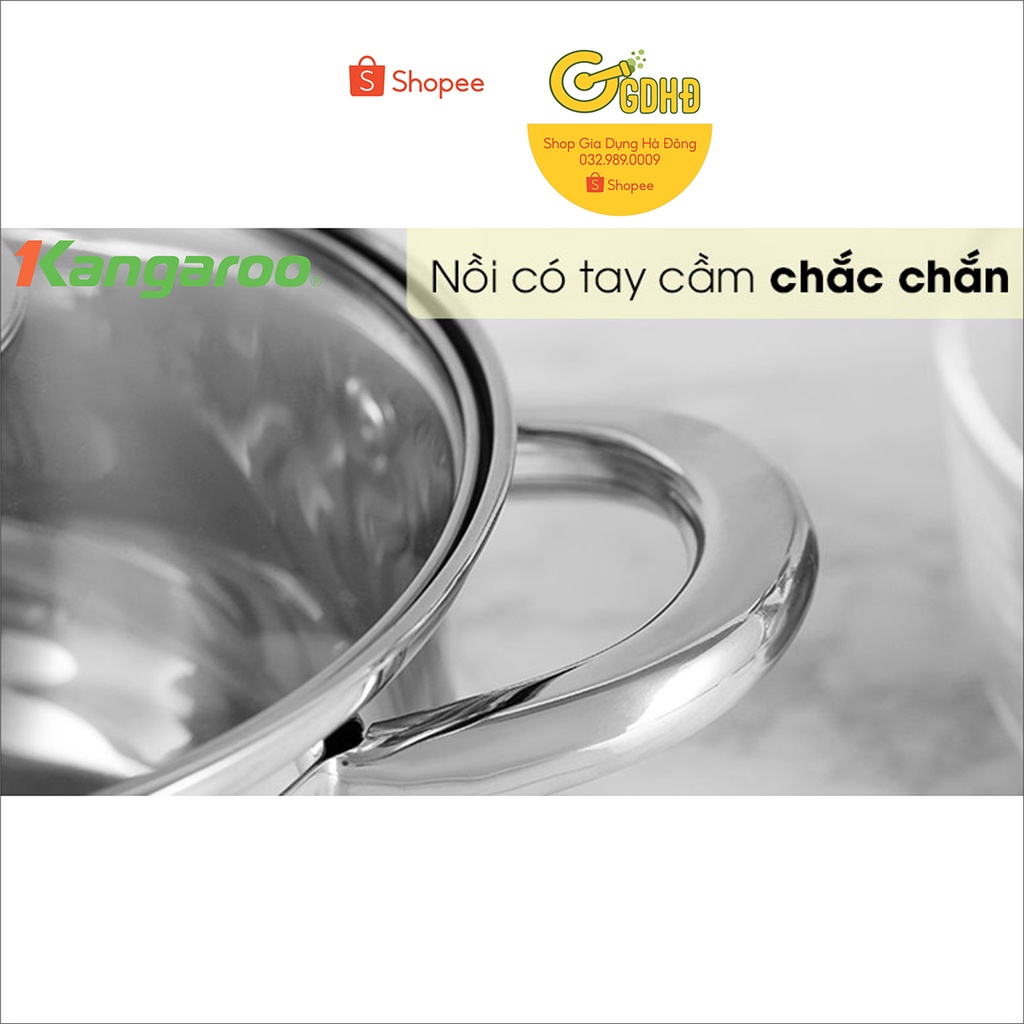 KG878S - Nồi inox cao cấp 16cm  5 lớp kangaroo, quai inox đinh tán sáng bóng gắn siêu chắc, nồi có thang chia nước