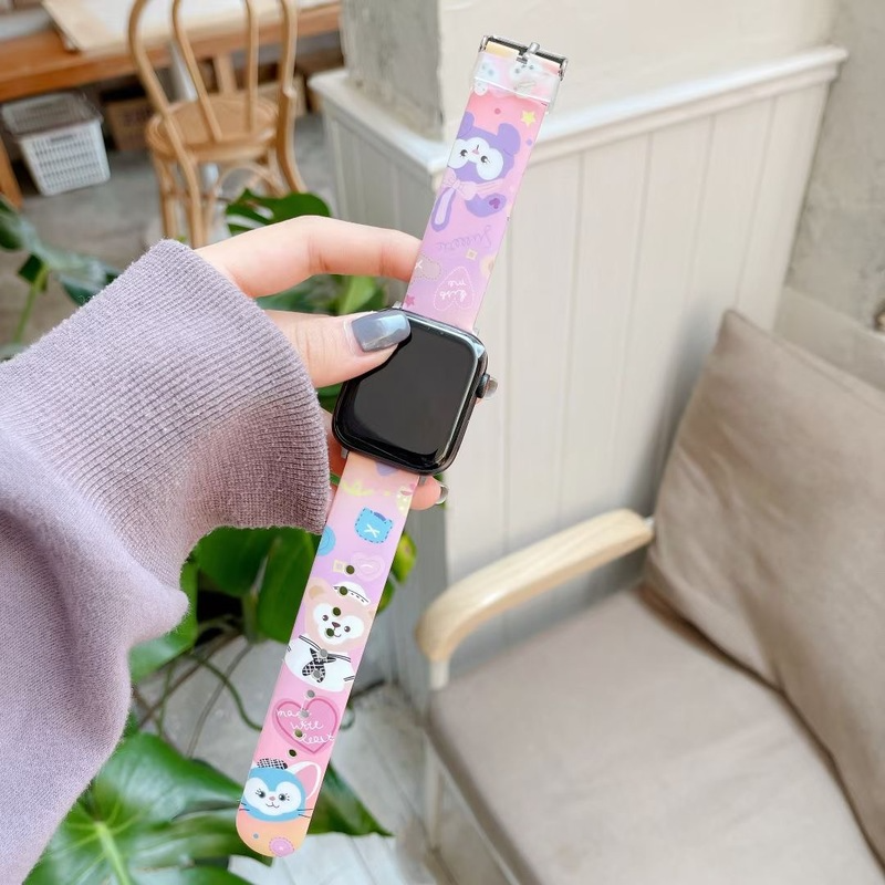 Dây đeo silicon in hoạt hình thích hợp cho đồng hồ thông minh Apple Watch dòng 1/2/3/4/5/6/Se Iwatch 38/40/42/44mm