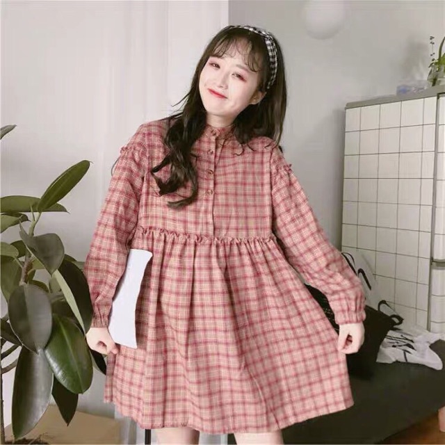 Đầm babydoll caro nữ tay phồng dài quảng châu ulzzang | BigBuy360