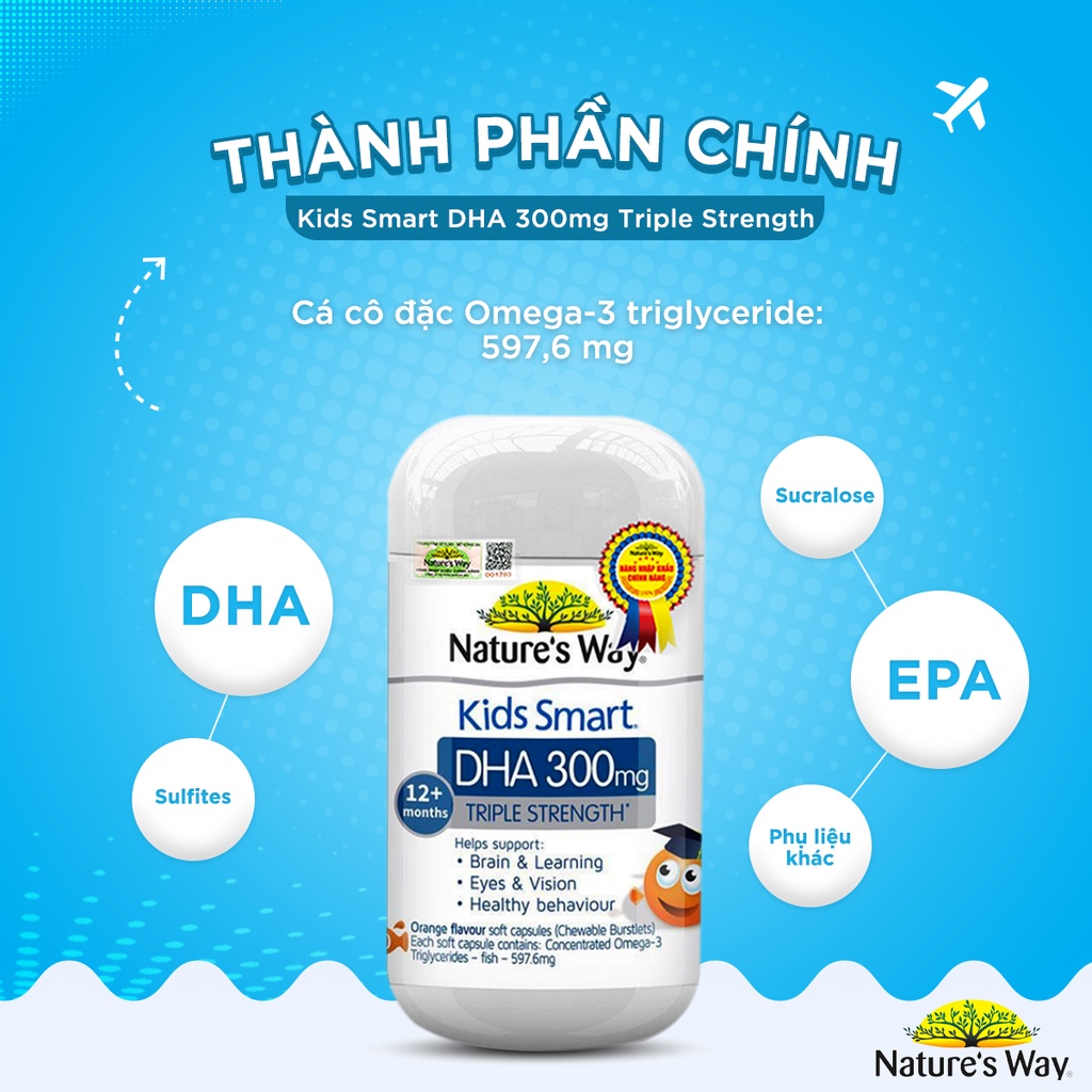 Combo Phát Triển Trí Não, Tăng Chiều Cao NATURE'S WAY Kids Smart DHA 300mg +Calcium, Vitamin D3  Cho Bé Từ 1 Tuổi 50v/lọ