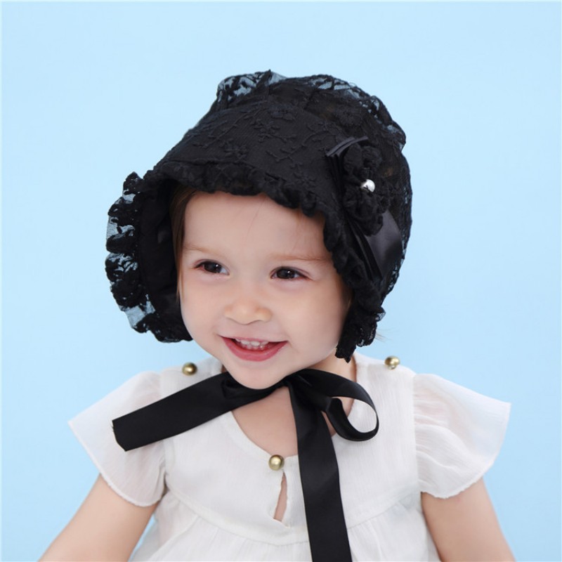 Mũ có dây cột, họa tiết ren hoa + đính hạt dễ thương cho bé gái