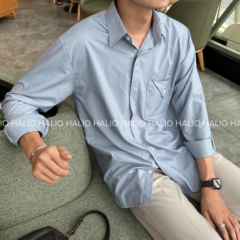 Áo sơ mi dài tay nam màu be - xanh nhạt trang trí sau lưng, chuẩn form - Regular fit, đứng form - HALIOMAN
