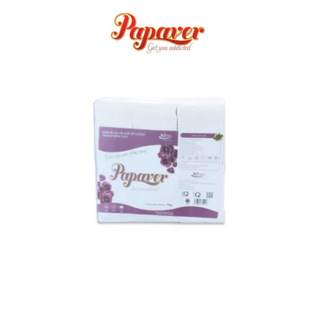 Giấy Ăn Nhà Hàng Papaver, Combo 10 Bịch 1kg,  2 Lớp,  Xếp/Rút, 100% Bột Giấy Nguyên Sinh