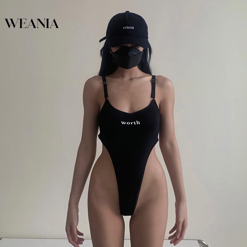Bộ Đồ Liền Thân Lưng Cao Hở Lưng Form Ôm In Chữ Phong Cách Quyến Rũ