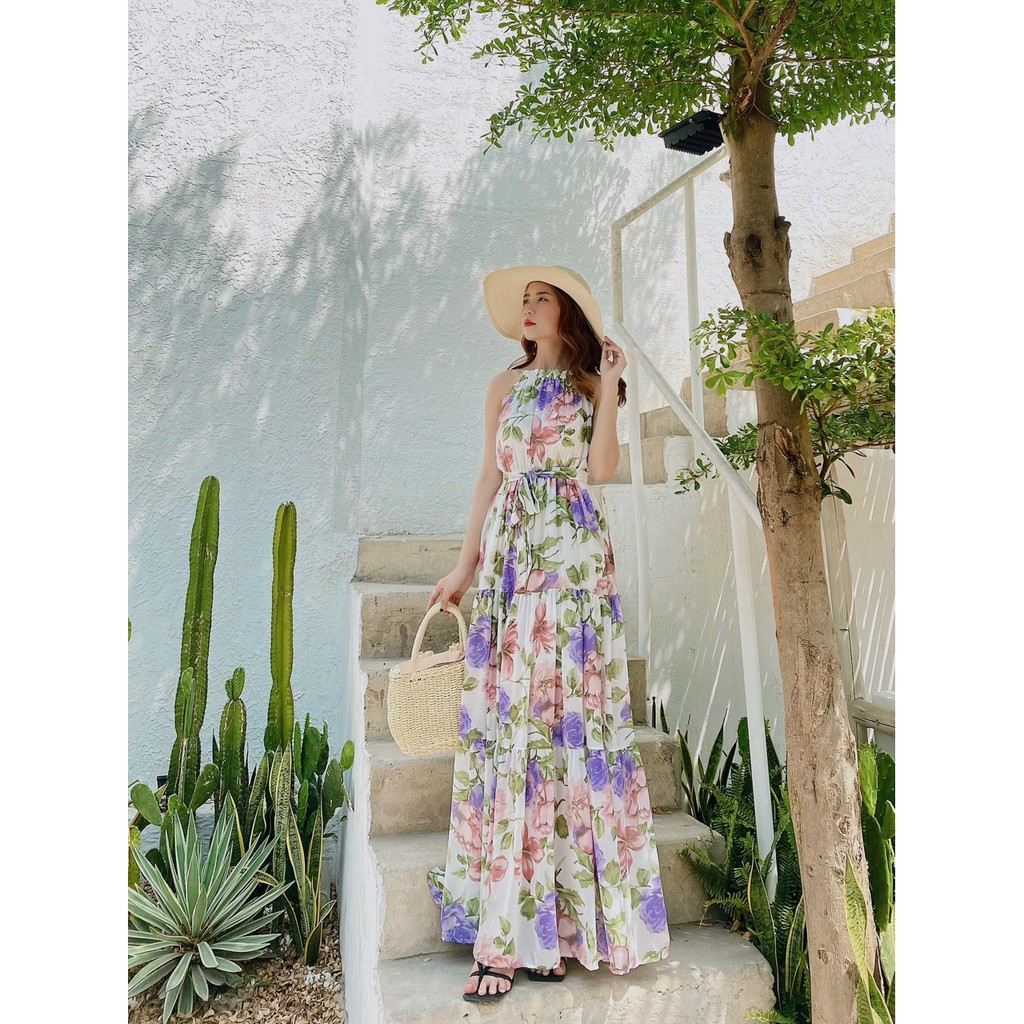 Maxi 2 dây yếm hoa xếp tầng phối eo bo chun siêu sang nun nha | BigBuy360 - bigbuy360.vn