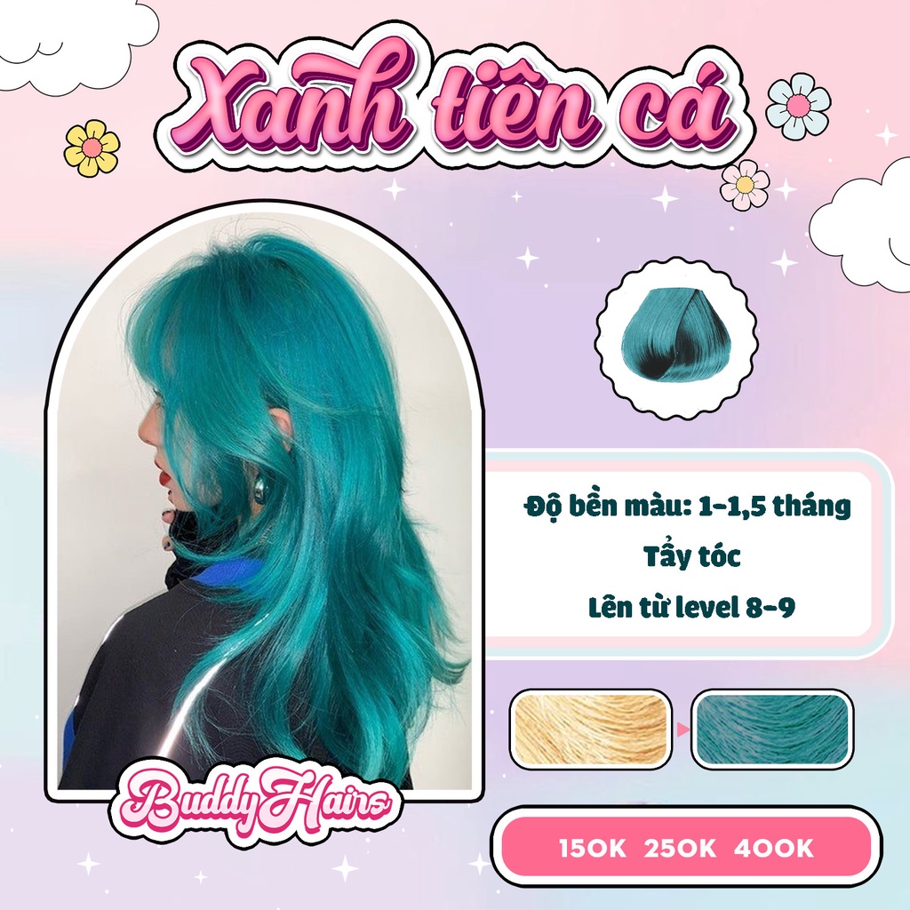 Thuốc nhuộm tóc XANH TIÊN CÁ Buddyhairs tặng kèm găng tay , mũ trùm , trợ nhuộm , 1 tẩy tóc nhỏ 50K