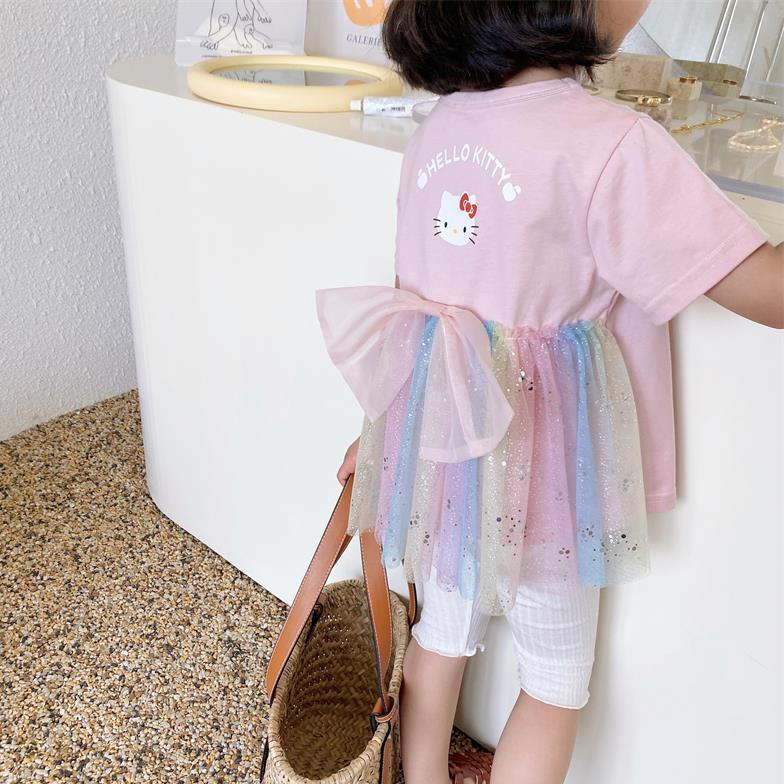 Áo Thun Tay Ngắn Phối Lưới Đính Nơ Màu Hồng Gradient Phong Cách Hàn Quốc Thời Trang Mùa Hè Hàng Mới Dành Cho Bé Gái 2022