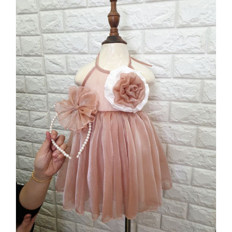 Yếm công chúa nâu trà❤️ FREESHIP ❤️ Đầm yếm đính hoa handmade cao cấp(kèm cài ngọc)size ss - 30kg