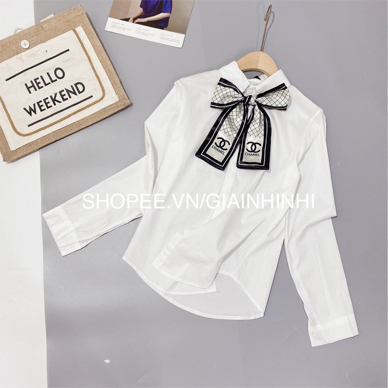 Áo sơ mi trắng thô kèm nơ cài chất siêu đẹp, Áo sơ mi dài tay SM1419 - NhiNhi Shop