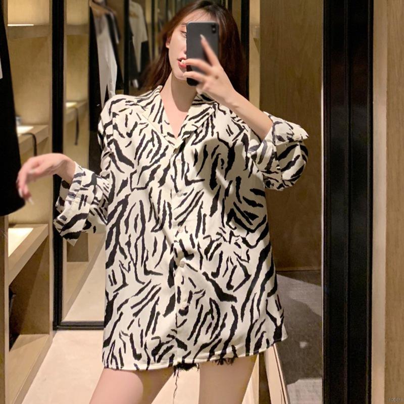 Áo Sơ Mi Chiffon Tay Dài Form Rộng Họa Tiết Sọc Vằn Hợp Thời Trang Nữ