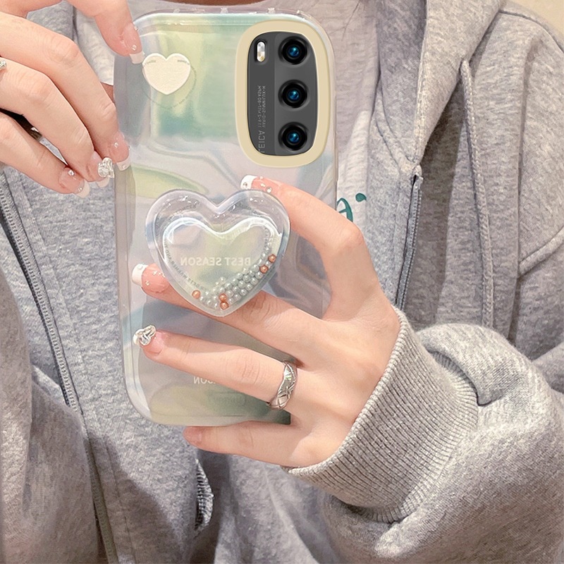 Ốp điện thoại màu xanh lá loang có giá đỡ hình trái tim kiểu Nhật Hàn cho iPhone 12 13 11promax X XR