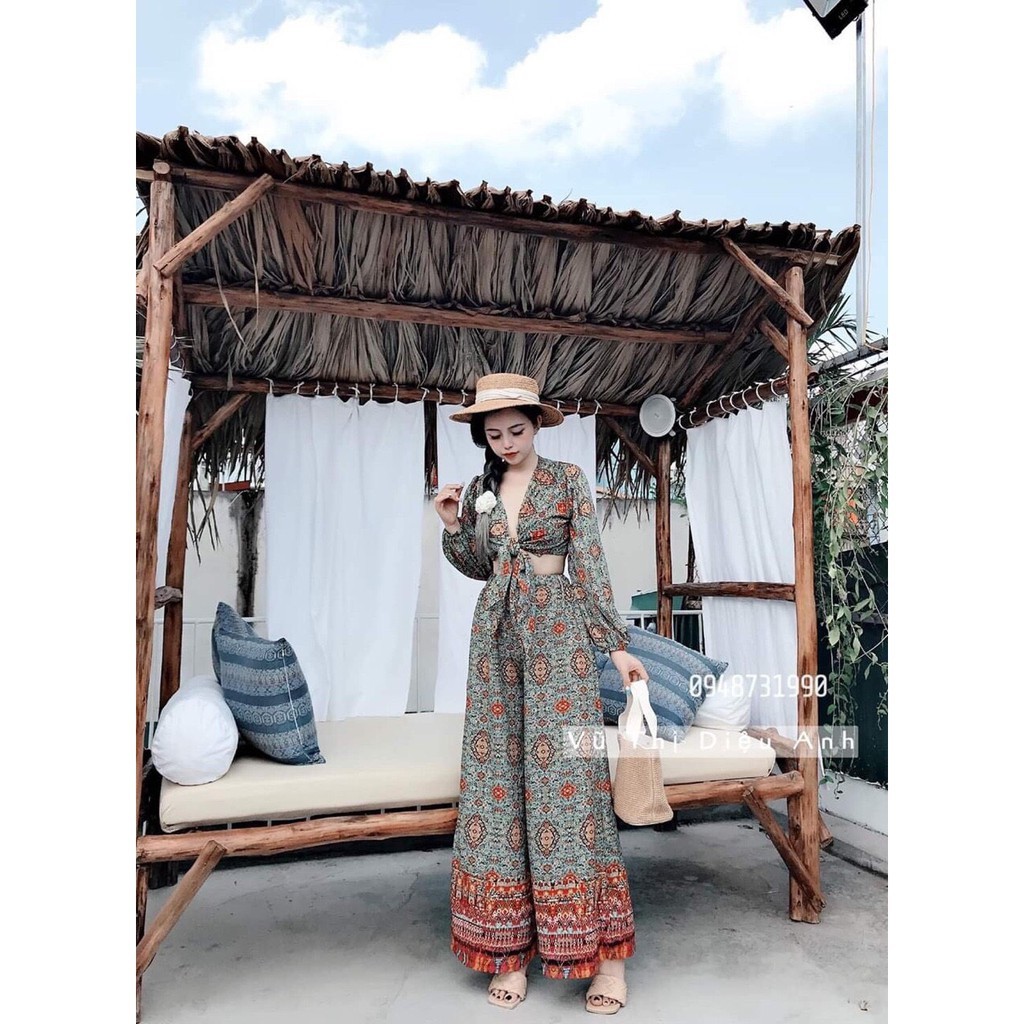 SALE  [ Hàng Shop] Set Boho Thổ Cẩm Áo Croptop Tay Dài Cổ V Cột Nơ Ngực + Quần Dài Ống Suông Rộng [ Ảnh thật ]