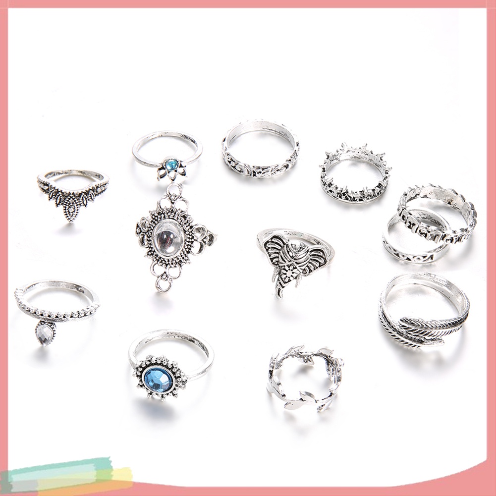 Bộ 12 Nhẫn Đeo Đốt Ngón Tay Đính Đá Phong Cách Boho Cổ Điển Cho Nữ