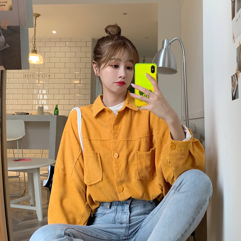 SUXI Áo Khoác Cardigan Nhung Kẻ Dài Tay Dáng Rộng Màu Trơn Phong Cách Retro Hàn Quốc