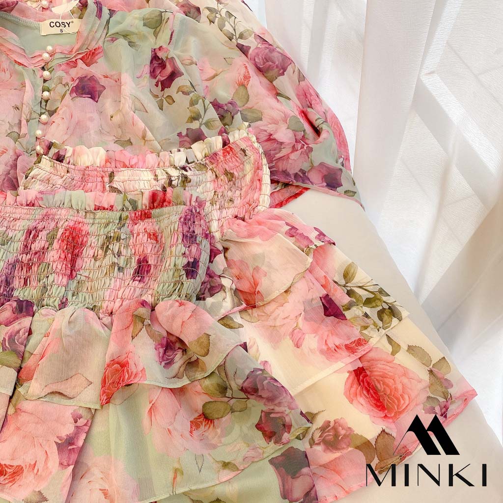 SET ÁO VOAN HOA KÈM LÓT CHÂN VÁY NHÚN - CHẤT LIỆU VOAN CAO CẤP - MÀU XANH / HỒNG | BigBuy360 - bigbuy360.vn