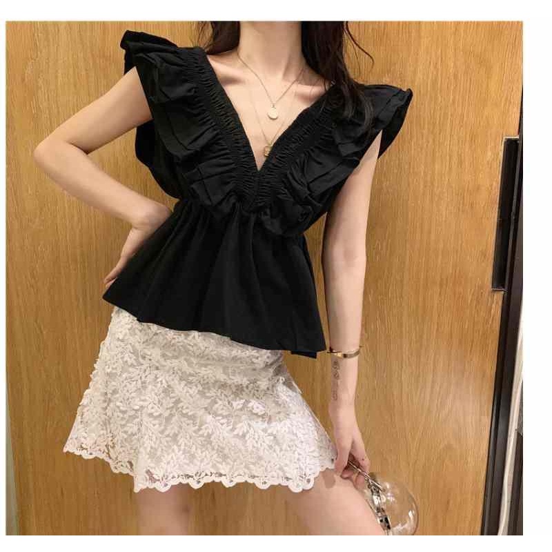 Áo Sơ Mi Tay Bèo Cổ Chữ V Dáng Rộng Phong Cách Hàn Quốc