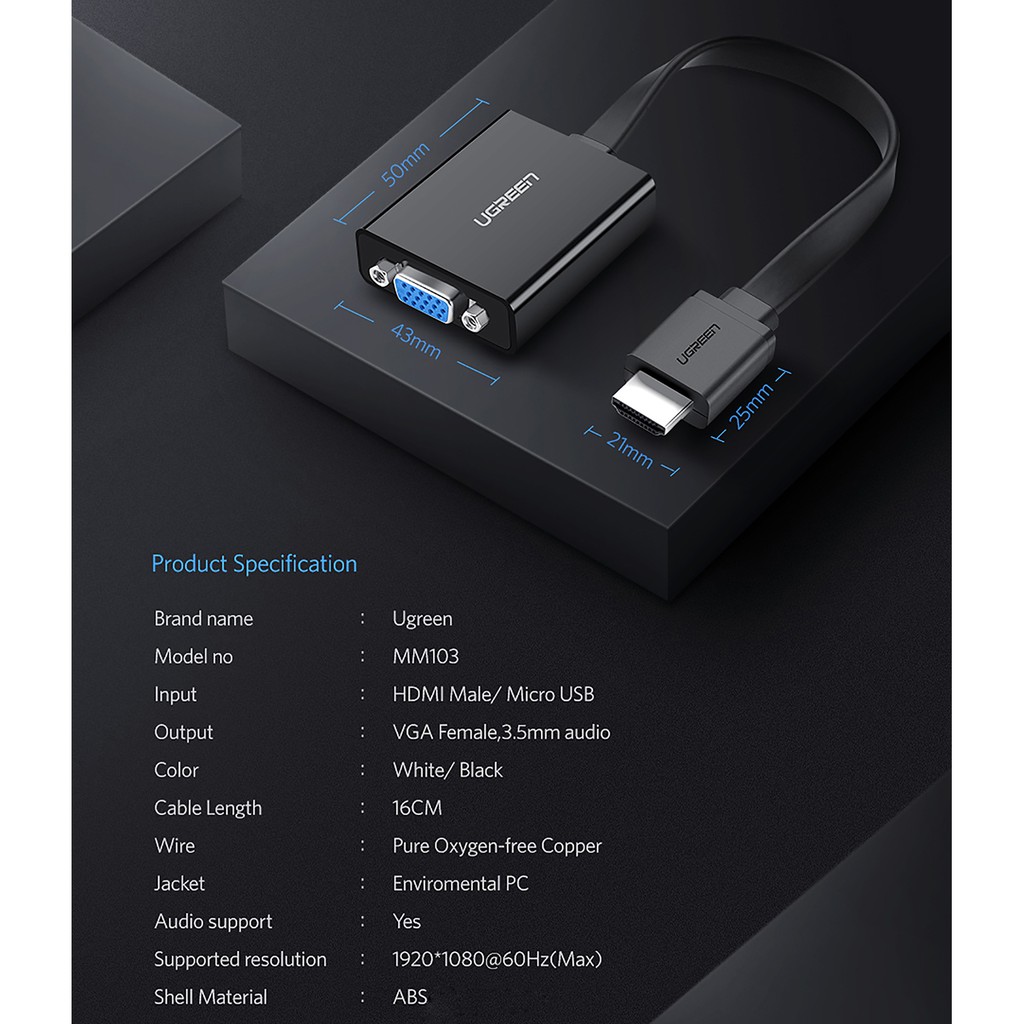 Cáp Chuyển HDMI ra VGA kèm Audio Cao Cấp UGREEN MM103 | Dây Dẹp