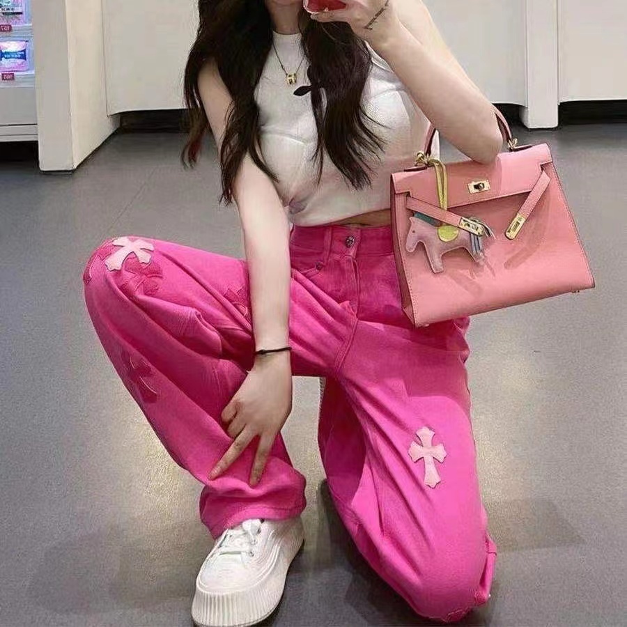 Rose PINK Quần Jean Lưng Cao Dáng Ôm Suông Ghép Nhãn Trái Tim Đám Đông Màu Hồng Nóng Bỏng Cho Nữ