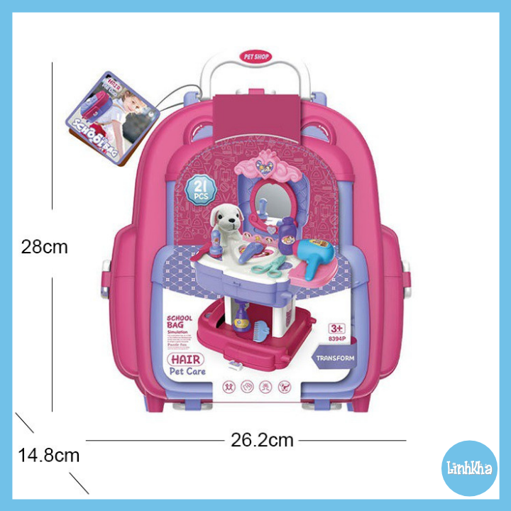 Đồ Chơi Trang Điểm Tiệm Chăm Sóc Thú Bông Xếp Lại Dễ Dàng Thành Balo - Pet Care School Bag - Bowa 8394P