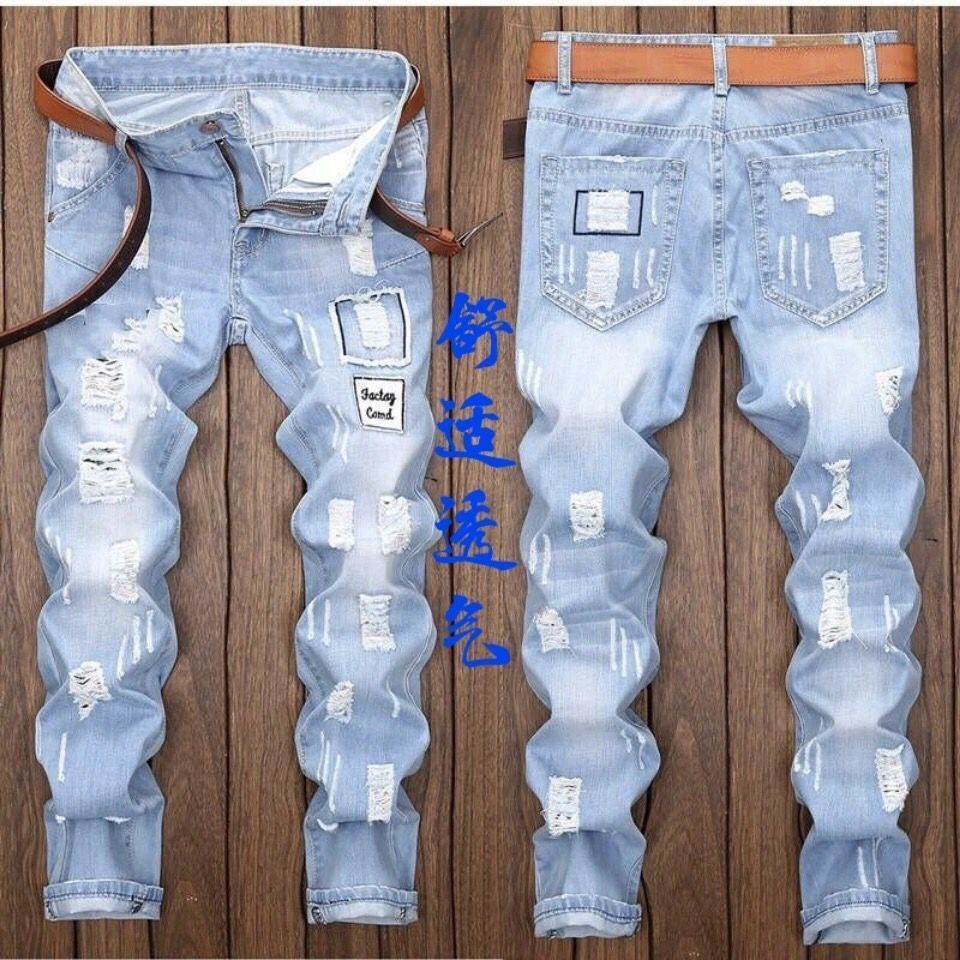 Quần Yếm Jean Dáng Rộng Màu Sáng Rách Gối Thời Trang Xuân Hè Phong Cách Hàn Quốc Mới Cho Nam