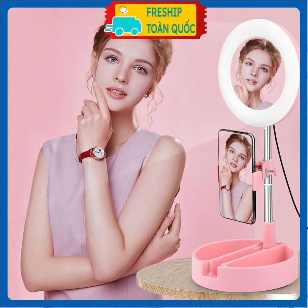 PVN18882 Gương trang điểm gấp gọn có đèn Led Livestream tích hợp giá đỡ và kẹp điện thoại T2 .