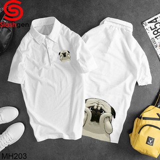 Áo Thun Nam Có Cổ MH203 Polo Trắng Chó Pug Trắng 2 Tay Ấn Má Đuôi Áo + Ngực Trái [40kg-110kg]