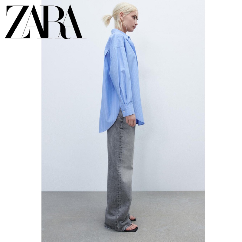 Zara Áo Sơ Mi Dài Tay Dáng Rộng Hoa Văn Kẻ Sọc Giản Dị Thời Trang Mùa Thu Dành Cho Nữ