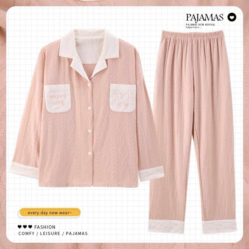 Bộ Pijama Dài Tay Có Cổ Chất Liệu Cotton Jacquard Vân Sóng Nâng Cấp Mới Nhất