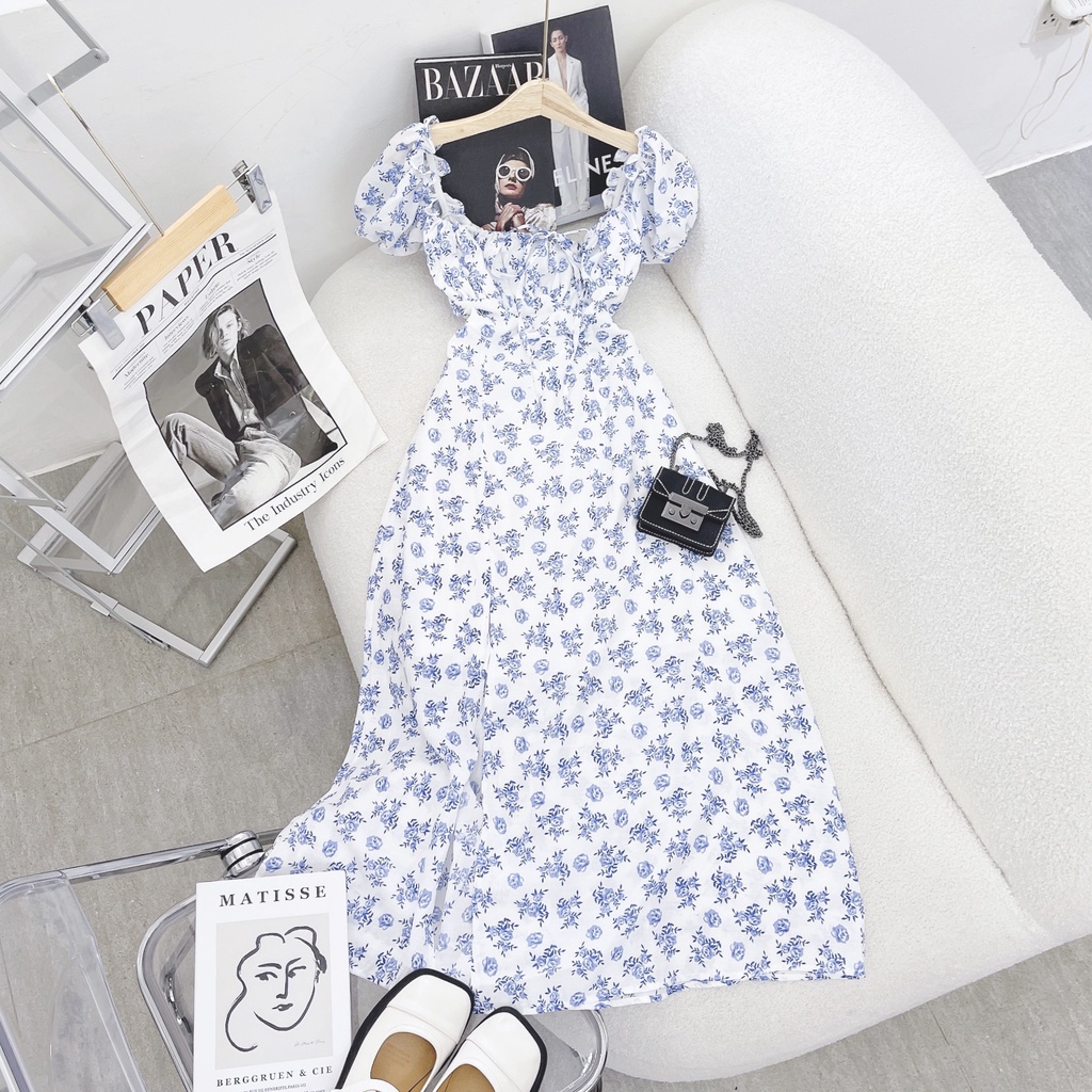 Đầm maxi hoa xanh xẻ tà tay phồng nhún ngực đi biển du lịch NÀNG CLOSET