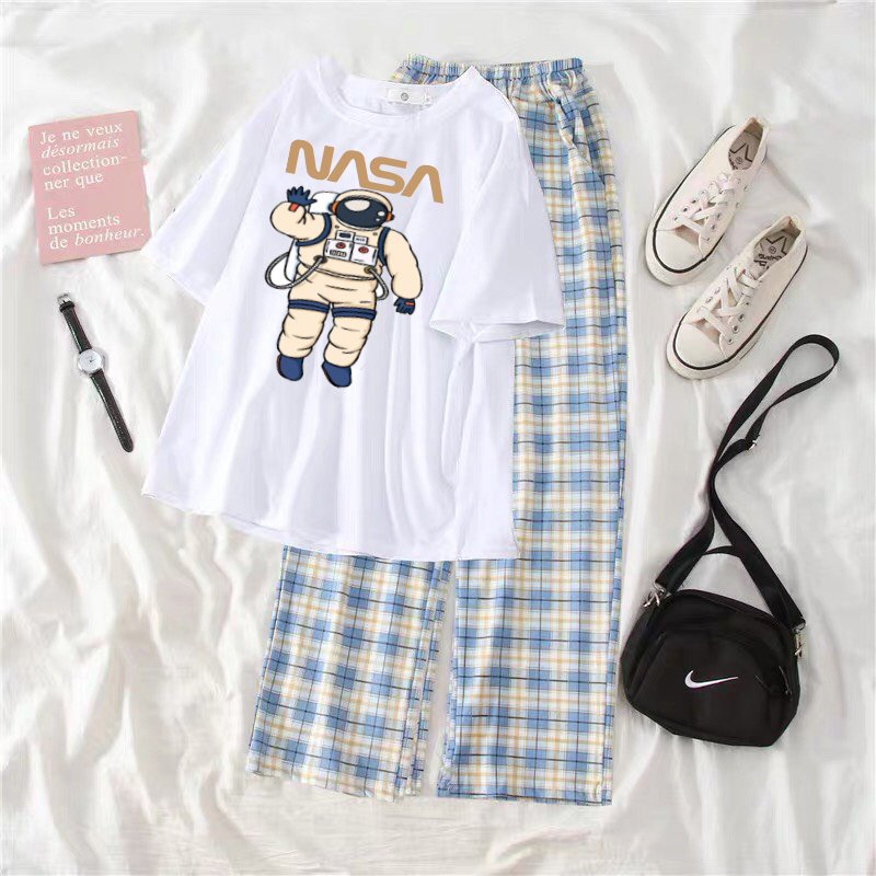 Sét Áo phông N.S + quần kẻ, Áo thun from rộng, Chất đẹp không xù, quần suông ống rộng, Sét bộ mặc ở nhà - MODY