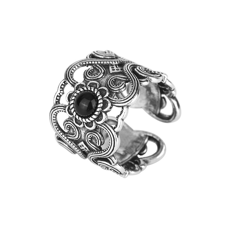 Nhẫn Bạc Thái Lan Họa Tiết Dân Tộc Rỗng Mặt Rộng Đính Đá Zircon Màu Đen Độc Đáo Phong Cách Retro