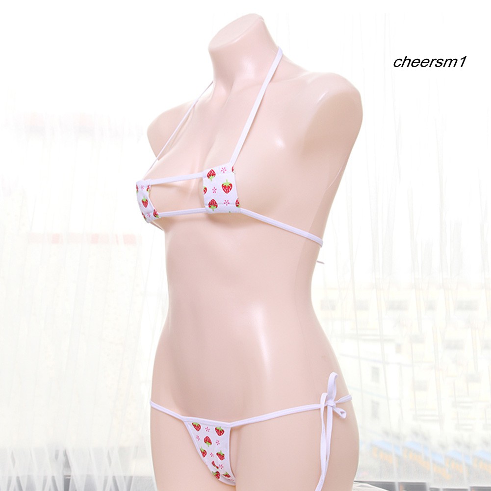 Nội y bộ đồ lót Women Sexy Bikini Strawberry Block Lace Up Bra Panties Briefs Erotic Underwear