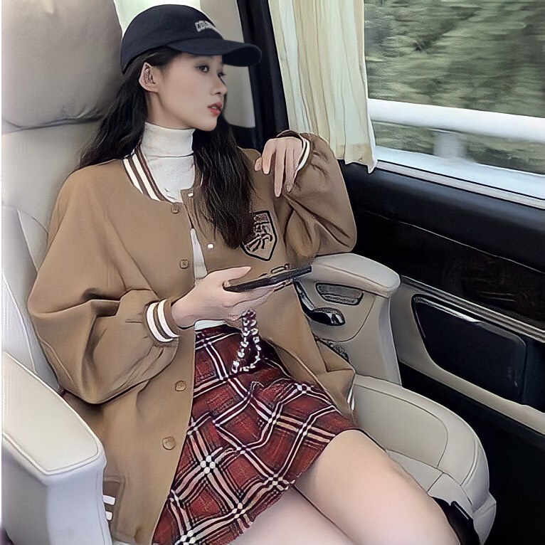 Áo Bomber Ulzzang nâu nữ Paris ngực cúc bấm - dáng rộng thêu Logo