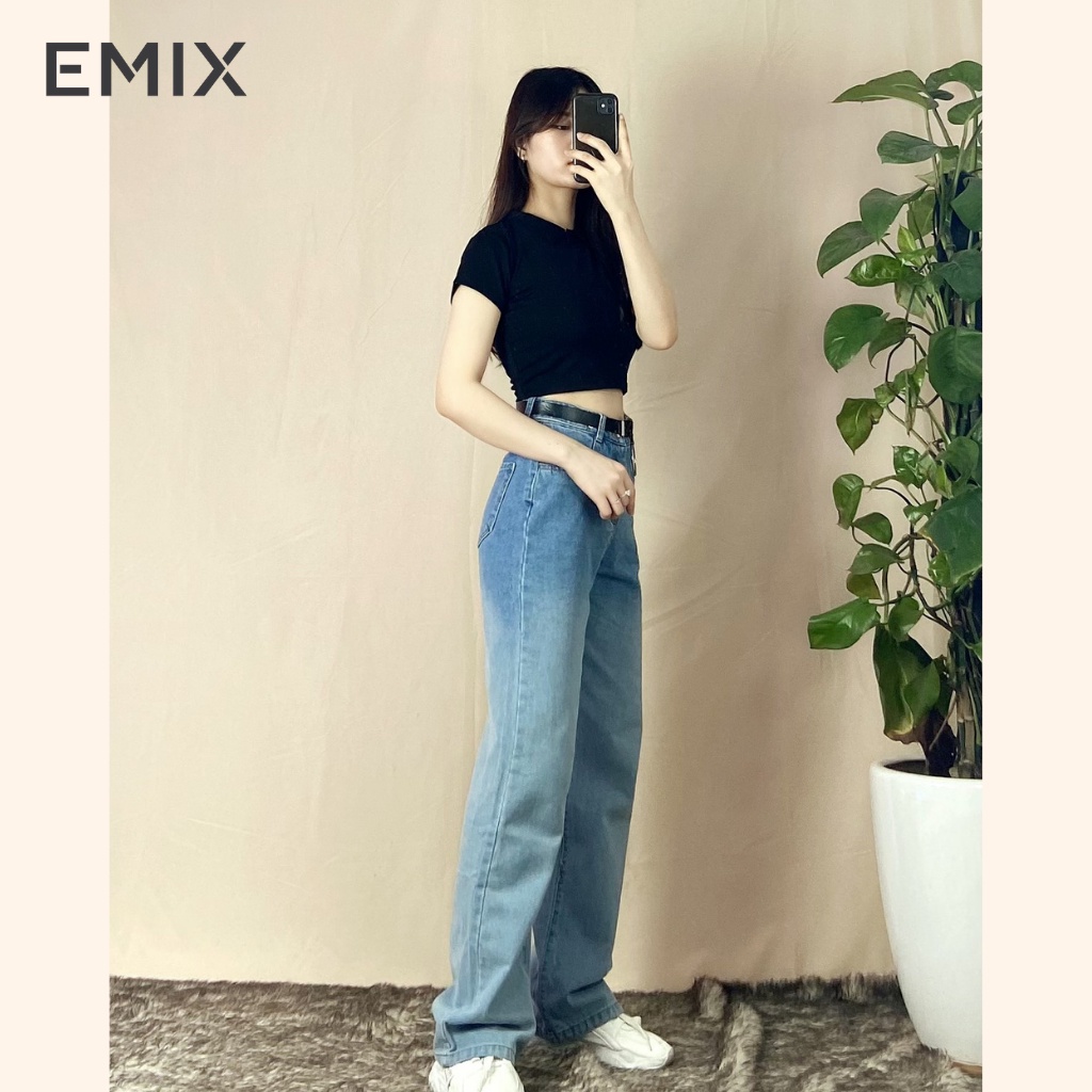 Quần jean nữ dáng suông loang thời thượng EMIX (màu xanh), genz, chất jean co giãn, không phai màu