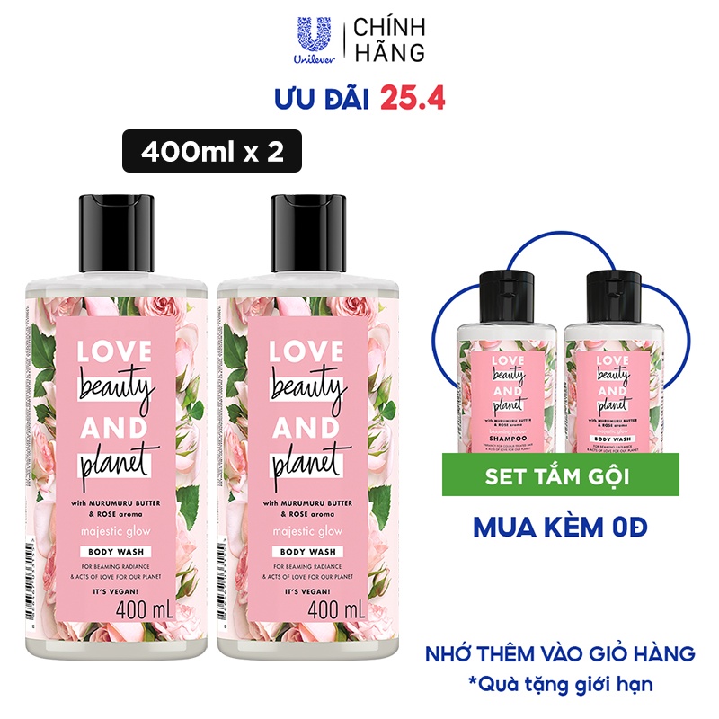 Combo 2 sữa tắm Love Beauty and Planet làm sáng da với 100% tinh dầu hoa hồng Bulgaria 400ml/chai