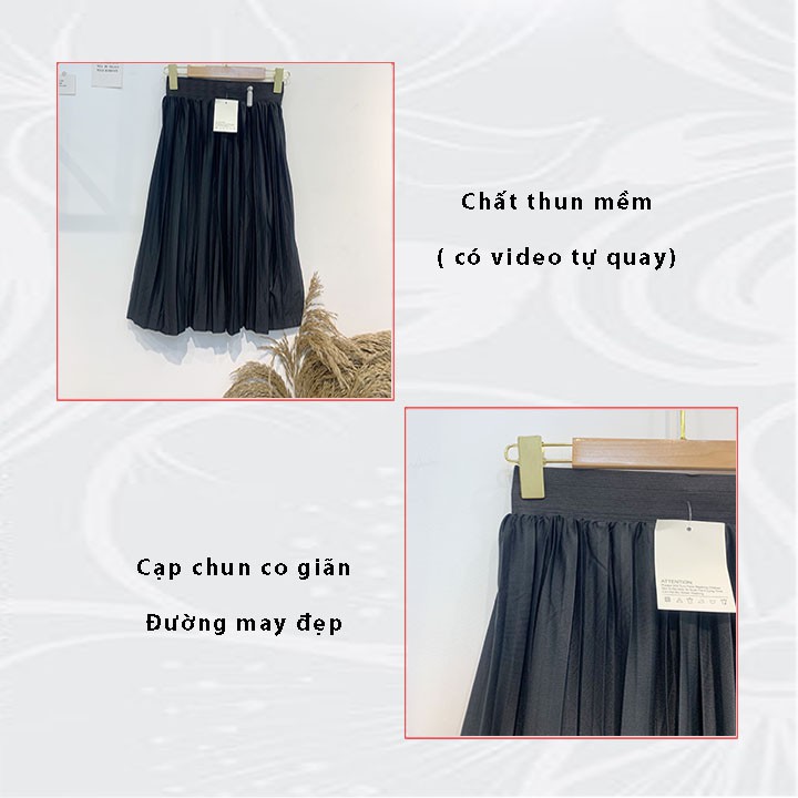 Chân Váy Xếp Ly Lưng Cao Cạp Chun Dáng Xòe Kiểu Công Sở Vintage Bigsize Màu Đen Thời Trang Hàn Quốc