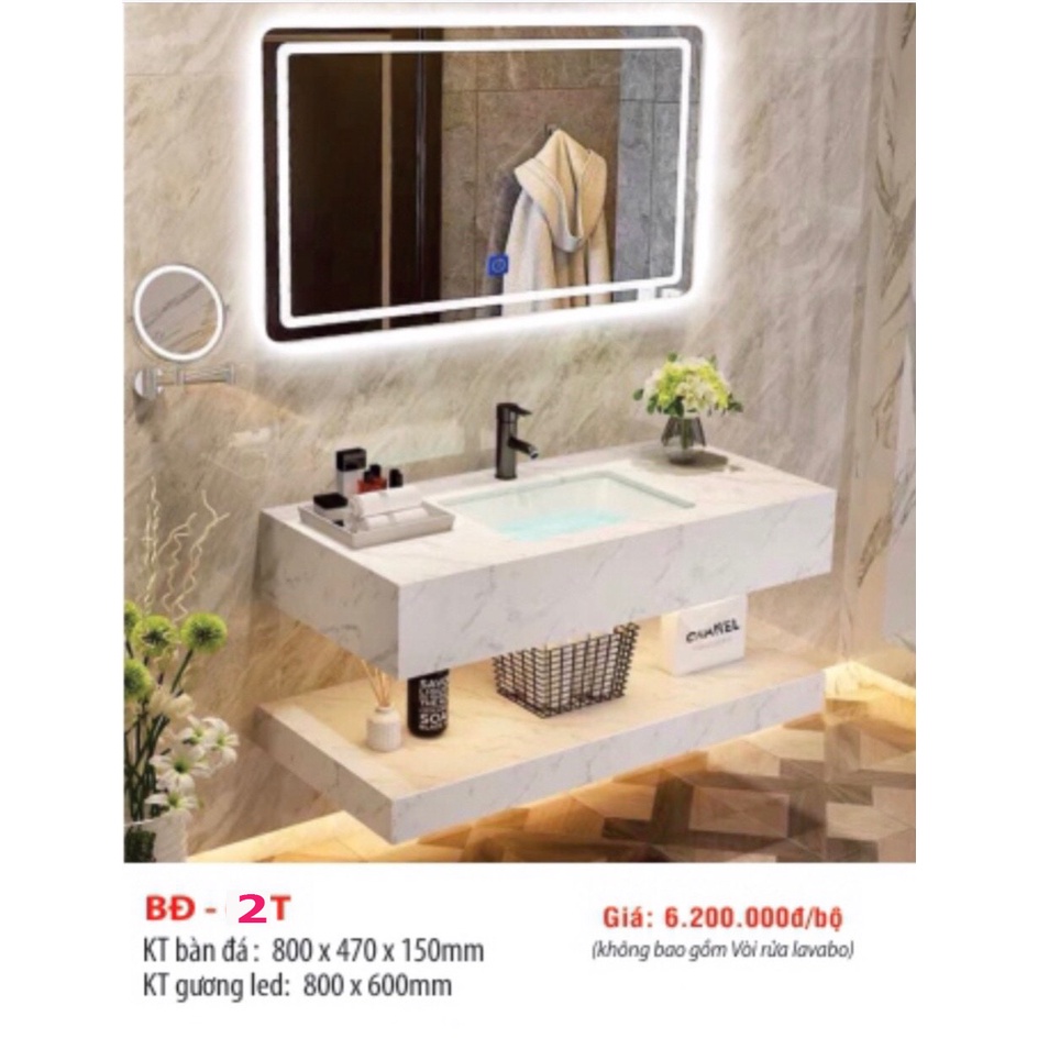 Combo chậu lavabo rửa mặt kèm bàn đá 2 tầng, kèm gương led cảm ứng vân tay, bộ lavabo tủ