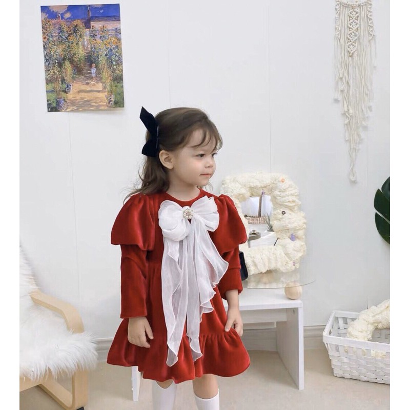 váy nhung đỏ chanh xả cho bé gái