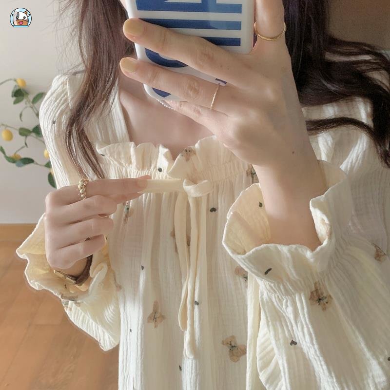 Đồ ngủ Tay Dài Cổ Vuông In Họa Tiết Hoạt Hình Phong Cách Hàn Quốc Thời Trang Mùa Thu Xinh Xắn Cho Nữ