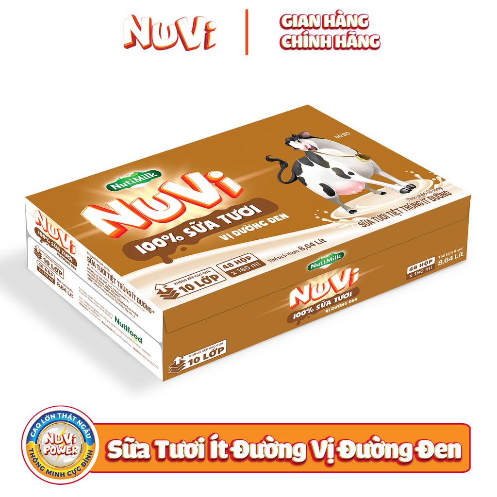 [Mã FMCGMALL -8% đơn 250k] Thùng 48 hộp Nutifood NuVi 100% Sữa Tươi – ST Tiệt Trùng Ít Đường Vị Đường Đen hộp 180ml