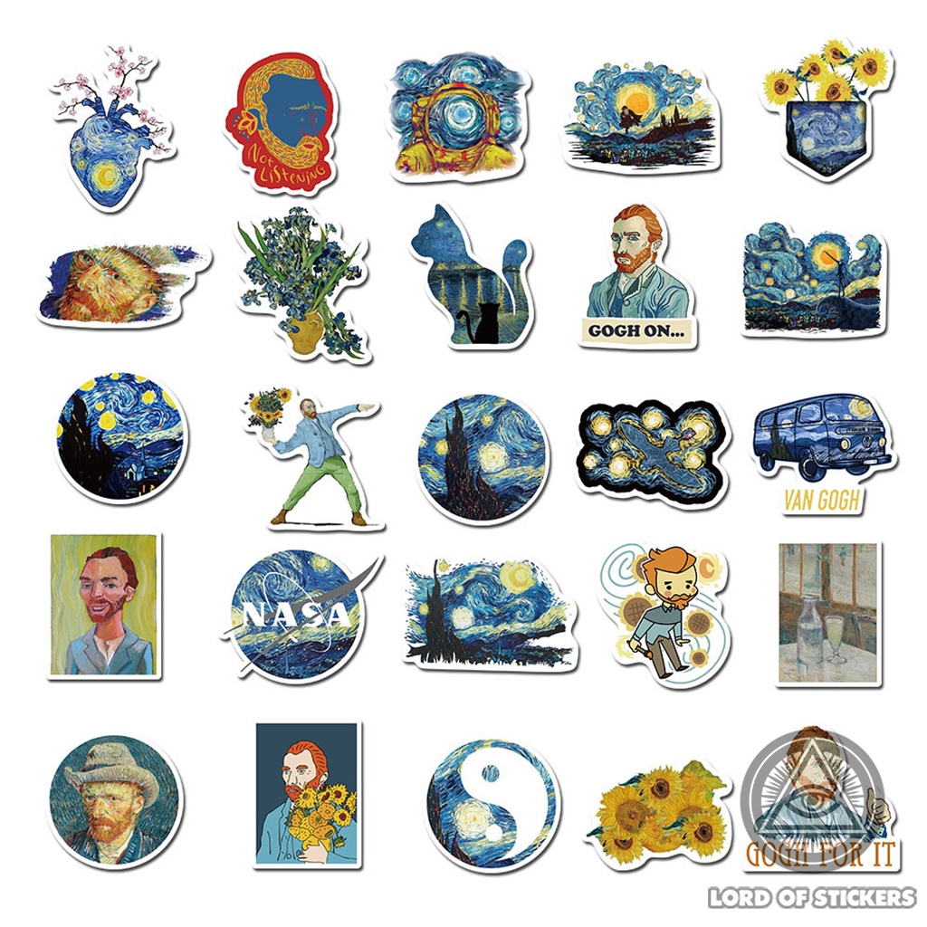 Set 40 Hình Dán Tranh Nghệ Thuật Van Gogh Sticker Chống Thấm Nước Trang Trí Mũ Bảo Hiểm, Laptop, Vali, Xe, Sổ, Ván Trượt