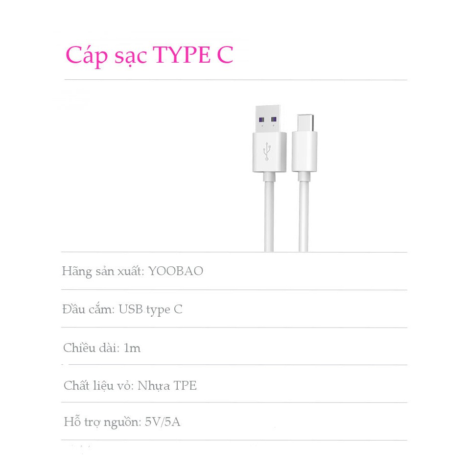 Cáp sạc và truyền dữ liệu USB Type C dài 1m vỏ nhựa TPE YOOBAO YB - 401C Yo_0094