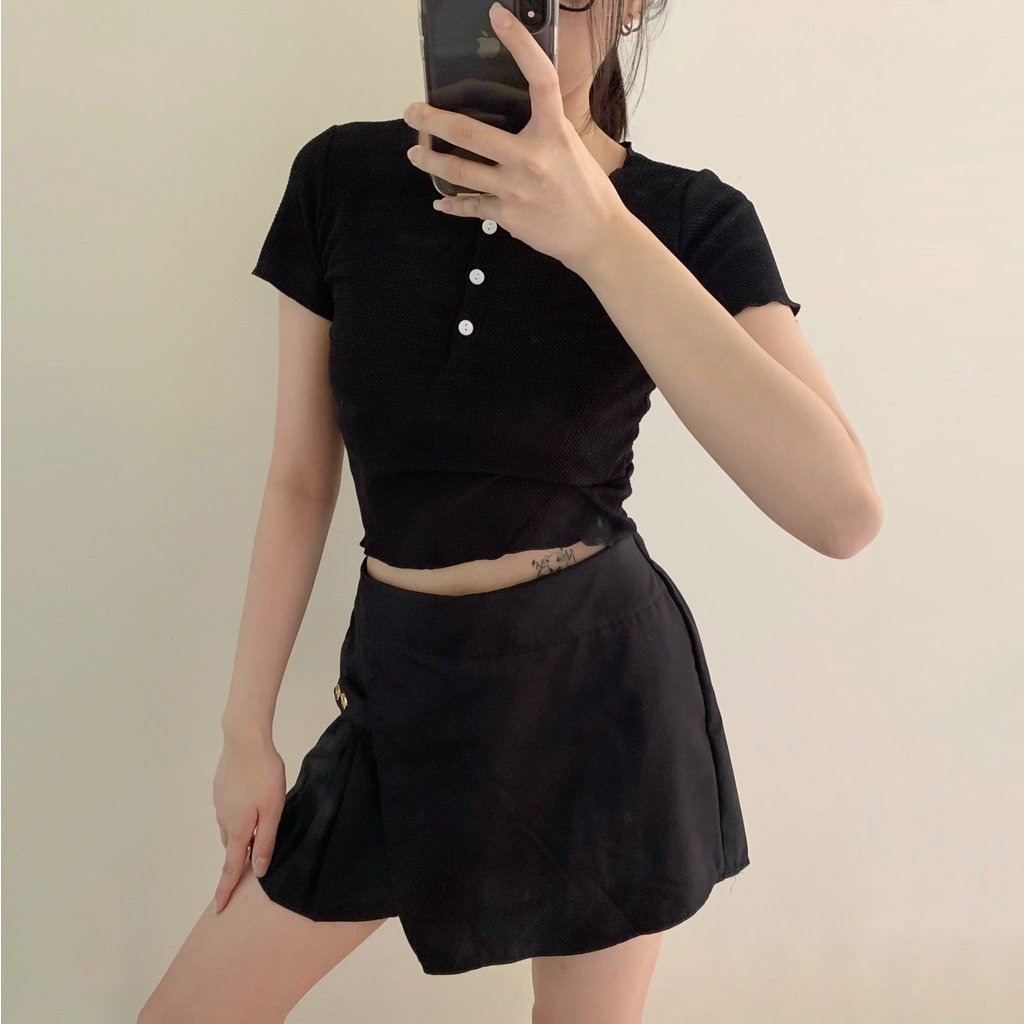 (SET 2 MÓN có BIGSIZE) Set áo len thun tổ ong có nút cổ tròn + quần giả chân váy chữ A BO CHUN ulzzang đi chơi basic