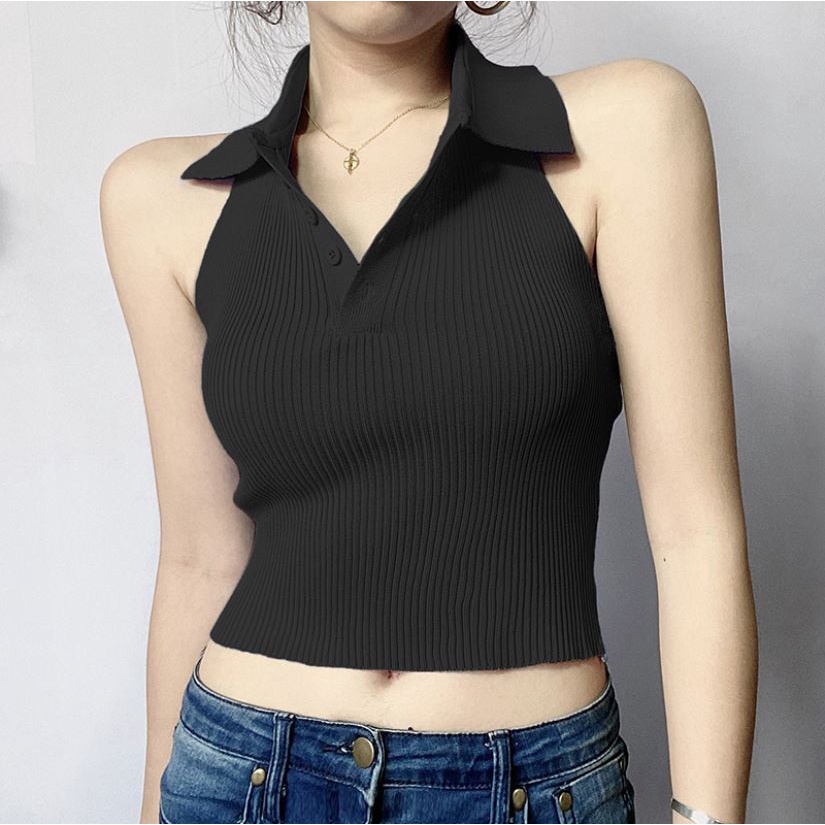 Áo Croptop Polo Kiểu Hở Vai Cổ Bẻ Phối Cúc Phong Cách Gợi Cảm