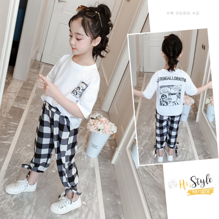 Set áo + quần họa tiết kẻ sọc xinh xắn dành cho bé gái 3 - 14 tuổi