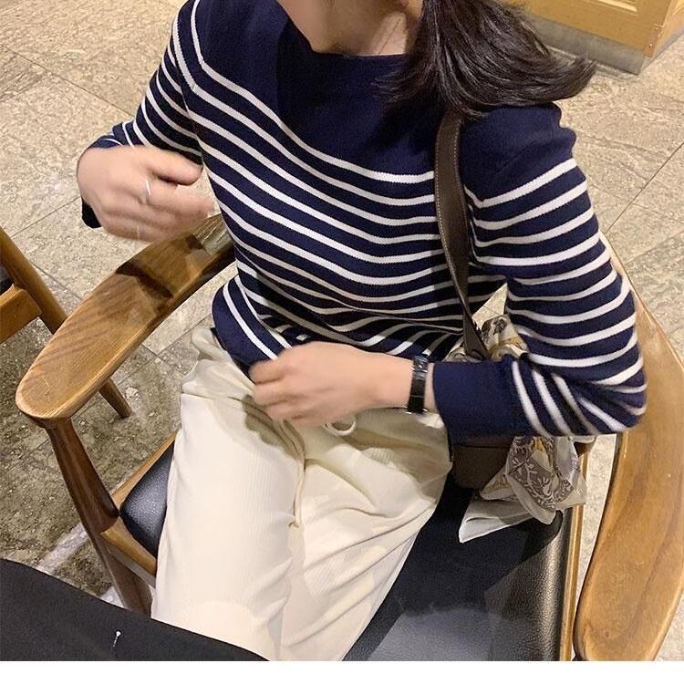 Áo sweater dệt kim BH tay dài kẻ sọc kiểu vintage thời trang mùa thu cho nữ