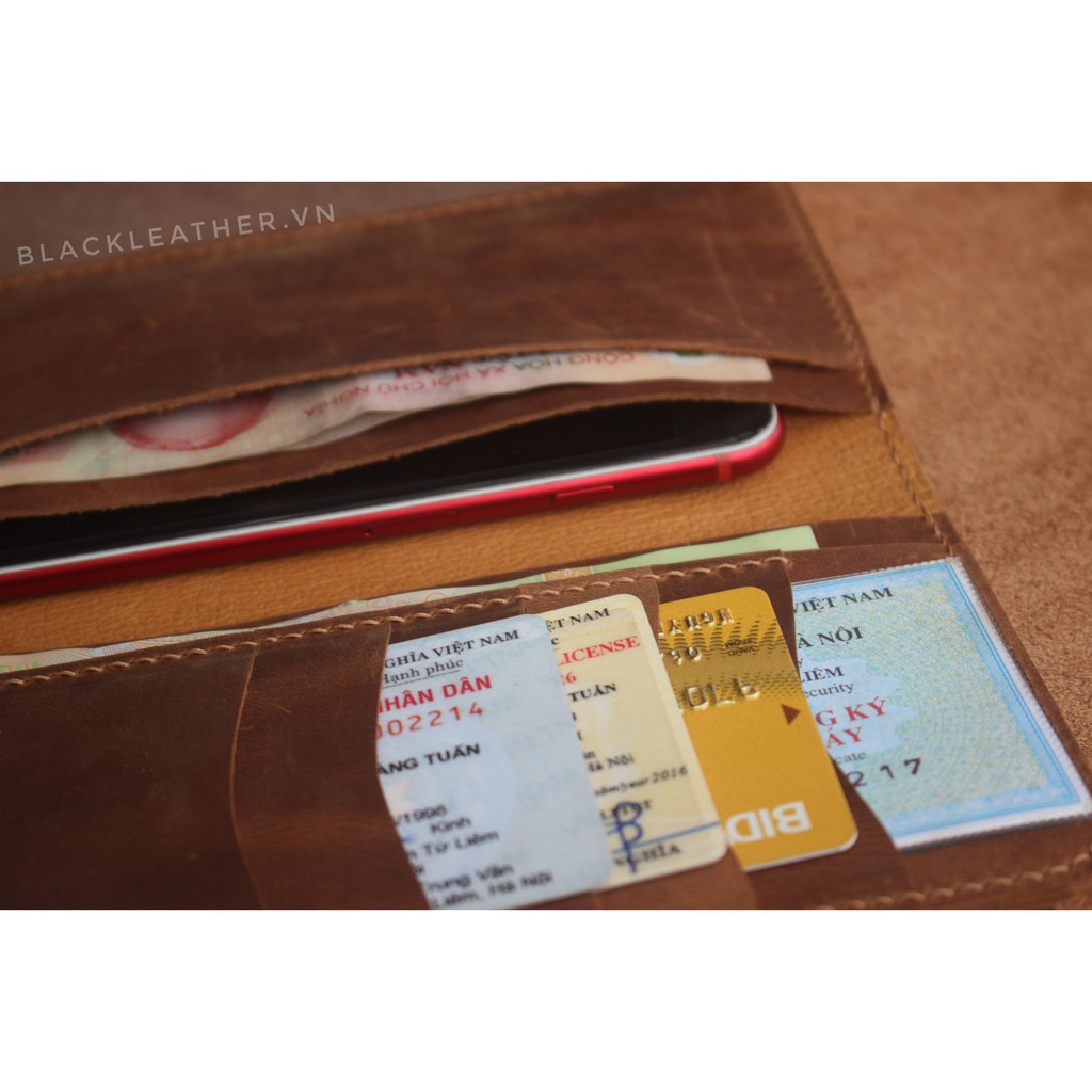 Ví dài da bò sáp  Handmade Tặng Kèm Móc khóa da